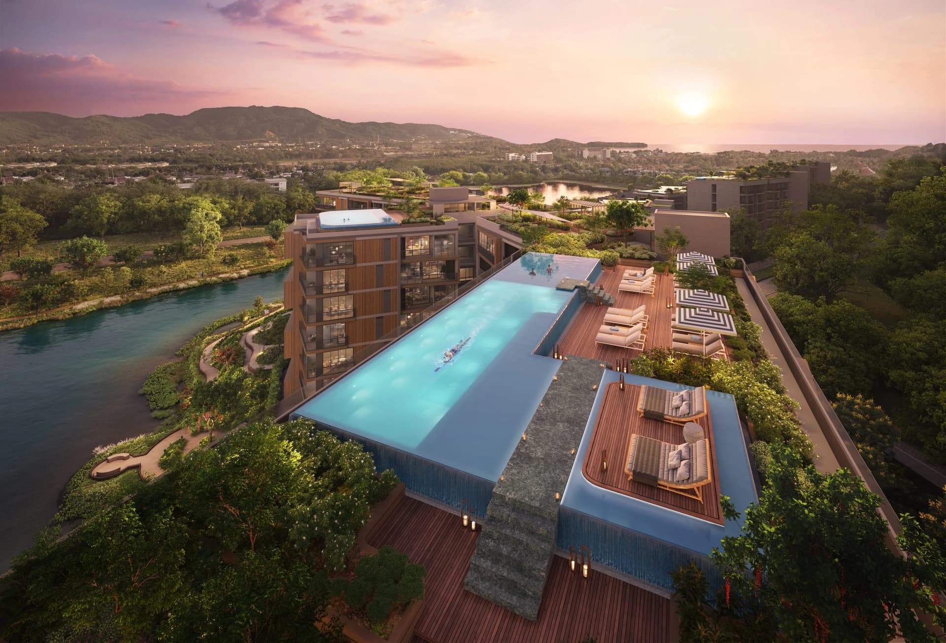 Skypark Elara Dachpool bei Sonnenuntergang — Rendering des Bauträgers