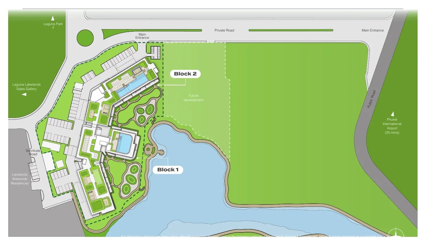 Skypark Elara site plan: Block 1 and Block 2 beside the Laguna Lakelands sales gallery, Waterside Residences to the south