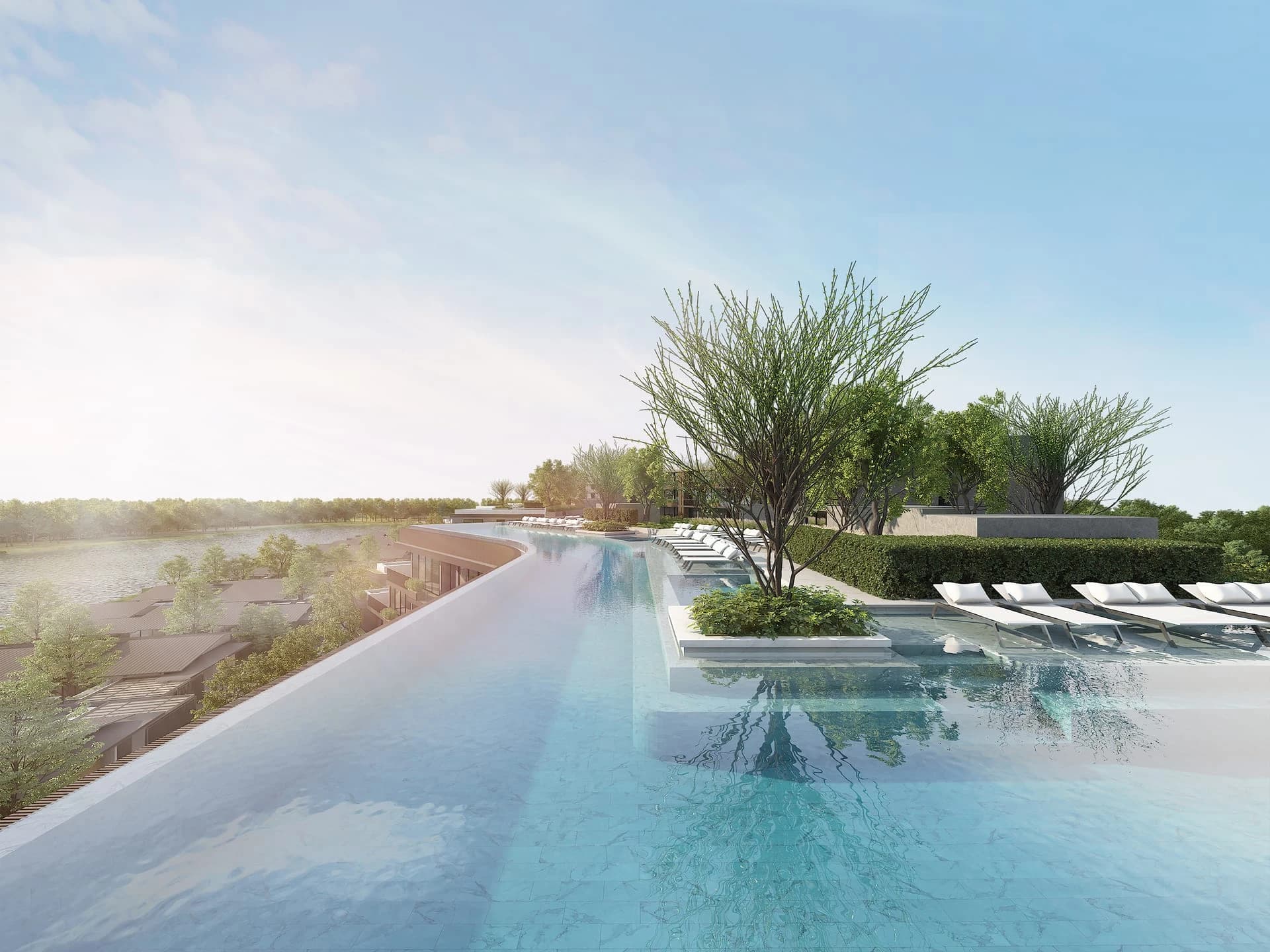Rooftop infinity pool of a Waterside block with loungers and the hills beyond — developer rendering